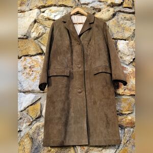 VGT ELVO Leatherwear Dark Olive Suede Leather Trench Coat 80s 3/4 Lenght Size S